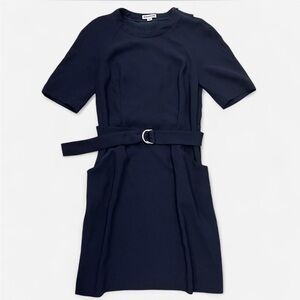 Whistles UK Women's Belted Black Dress Size 6 Winter Elbow Sleeve Work Office